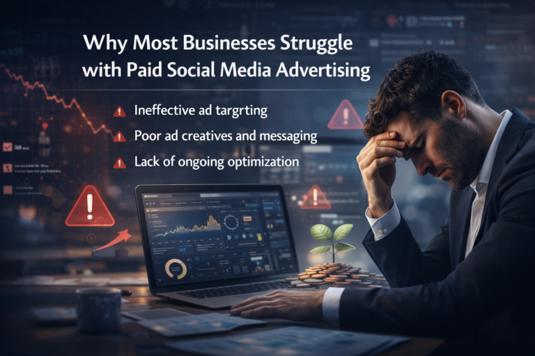Common problems in paid social media advertising like poor targeting, weak creatives, and lack of optimization