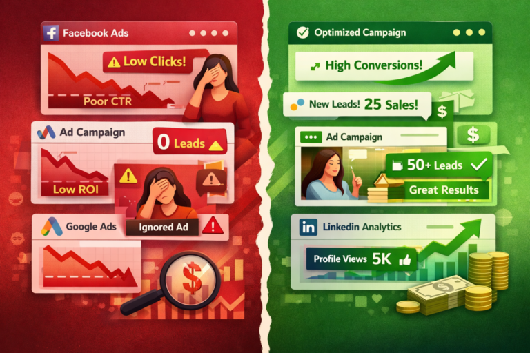 Why social media ads are not working showing poor ad performance vs optimized campaigns with targeting, analytics, and growth across Meta, Google, and LinkedIn