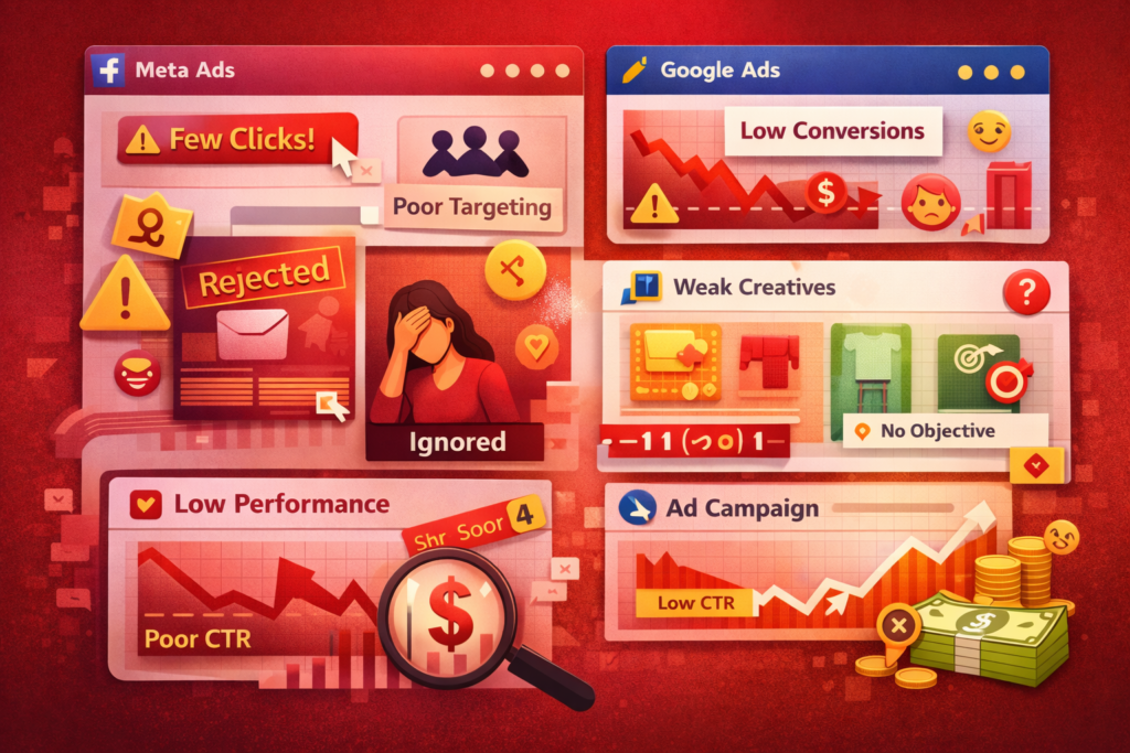 Why social media ads are not working showing low performance metrics, poor targeting, weak creatives, and low conversions across Meta and Google ad platforms
