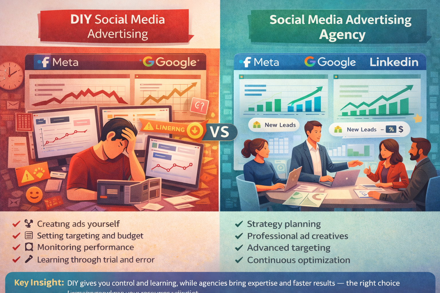 Social media advertising agency vs DIY comparison showing self-managed ads vs expert agency strategy, performance, and growth across Meta, Google, and LinkedIn