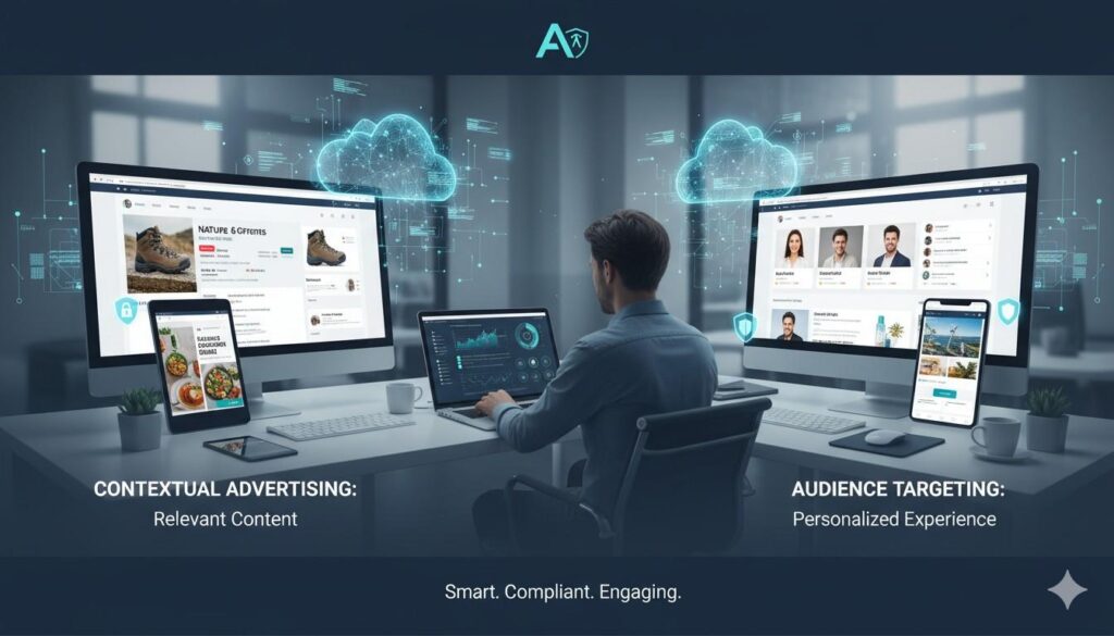 Social media advertising explained showing platforms like Meta, LinkedIn, and TikTok with targeting, ad formats, and digital marketing dashboard analytics