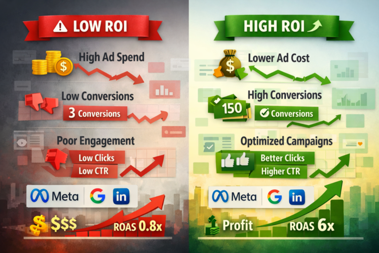 Improve social media ad performance and ROI showing low vs high performance with optimized targeting, reduced costs, and increased conversions across Meta, Google, and LinkedIn